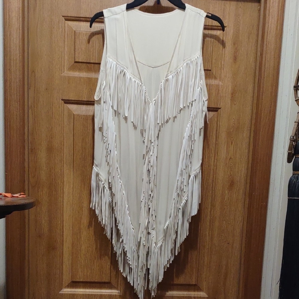 Cream Color Vest With White Faux Leather Fringe. Size L.